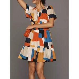 Anthropologie The Somerset Mini Dress Geometric Colorblock Cotton Large